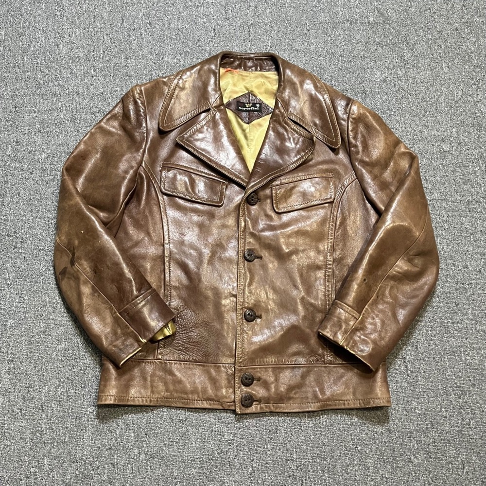 Vintage 70s Cortefiel Leather Jacket 40 Brown Button Front Western Yoke‎ Spain